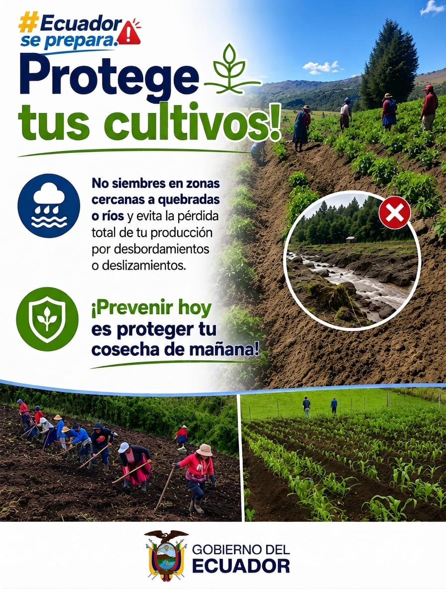 Agricultura_CZ6's tweet photo. #Cañar | Evita cultivar en zonas propensas a deslizamientos o desbordamiento de ríos y limpia los canales para no perder tu inversión y los recursos económicos de tu familia.
#EcuadorSePrepara
#GobiernoDelEcuador
#MAGP https://t.co/BQMAEsJUAU