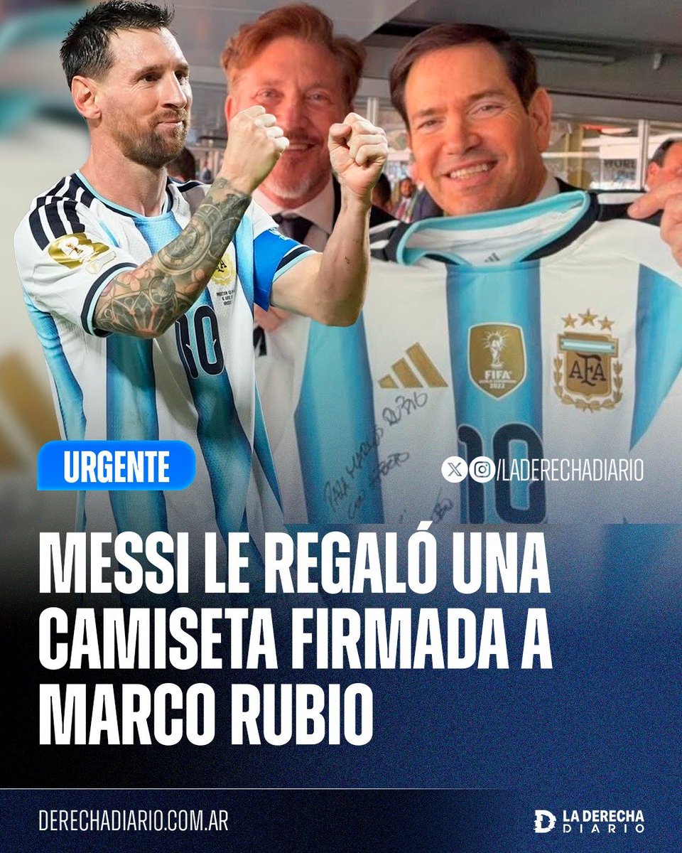 laderechadiario's tweet photo. 🇦🇷🇺🇸 | TREMENDO: Se reveló que Lionel Messi le regaló a Marco Rubio, el secretario de Estado de Trump, una camiseta de la Selección Argentina en la que escribió "Para Marco Rubio, con afecto" junto a su firma. https://t.co/FDBSCIFQej
