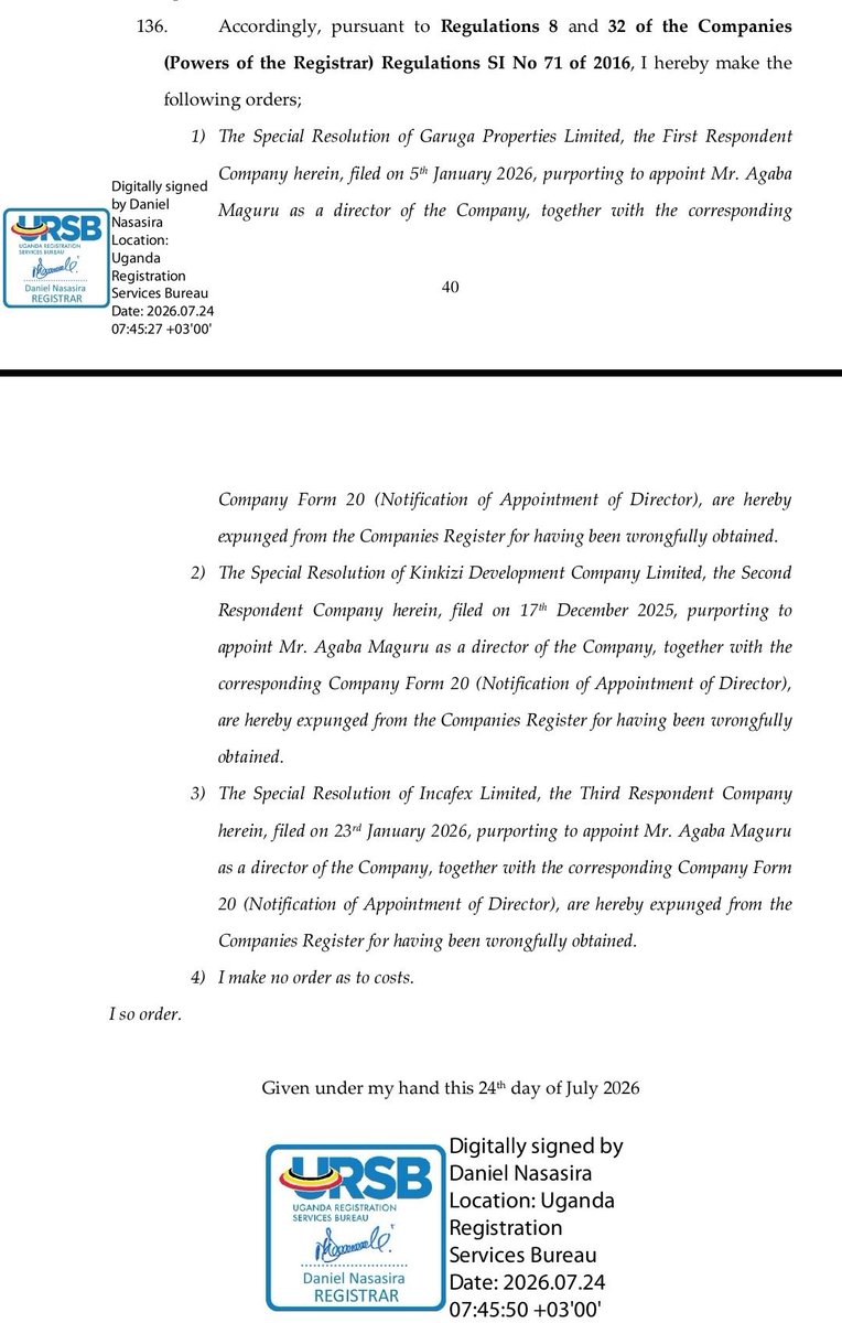 Ryan_Parla's tweet photo. BREAKING: The Garuga boardroom battle takes a new turn. The Registrar has wiped out the disputed appointments from the register and ordered fresh governance processes. βοΈπ₯
#GarugaProperties #CorporateGovernance #RuleOfLaw #UgandaBusiness https://t.co/VI3JHA7XYE