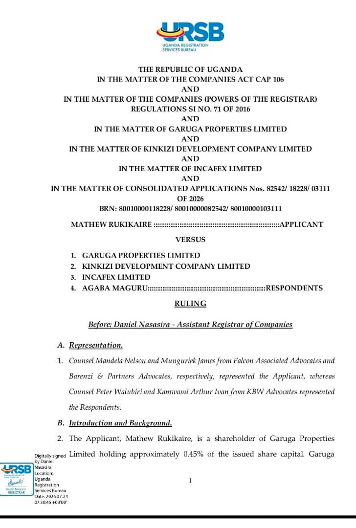 Ryan_Parla's tweet photo. BREAKING: The Garuga boardroom battle takes a new turn. The Registrar has wiped out the disputed appointments from the register and ordered fresh governance processes. βοΈπ₯
#GarugaProperties #CorporateGovernance #RuleOfLaw #UgandaBusiness https://t.co/VI3JHA7XYE