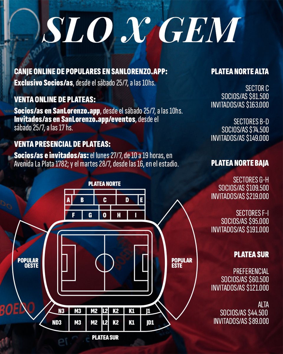 SanLorenzo's tweet photo. Venta de entradas vs. Gimnasia de Mendoza 🎟️

#SanLorenzo juega este martes desde las 19 su primer partido en el Bidegain, por el Clausura. ¡Y ahí vos tenés que estar! 🏟️

CANJE ONLINE DE POPULARES:
Es exclusivo para socios/as. Se habilitará mañana sábado a las 10 horas en ➡️ https://t.co/QnFeyXYCjd

VENTA ONLINE DE PLATEAS: 
👉 Socios/as: desde mañana a las 10 hs, en ➡️ https://t.co/QnFeyXYCjd. 
👉 Invitados/as: desde mañana a las 17 hs, en ➡️ https://t.co/jaaiC2v5r8.

VENTA PRESENCIAL DE PLATEAS
Socios/as e invitados/as: el lunes de 10 a 19 hs. en Avenida La Plata 1782. Y el martes, en el estadio, a partir de las 16.

Más info, acá ➡️ https://t.co/YCtsGr3Jjy

¡A copar el Bidegain! 💙❤️