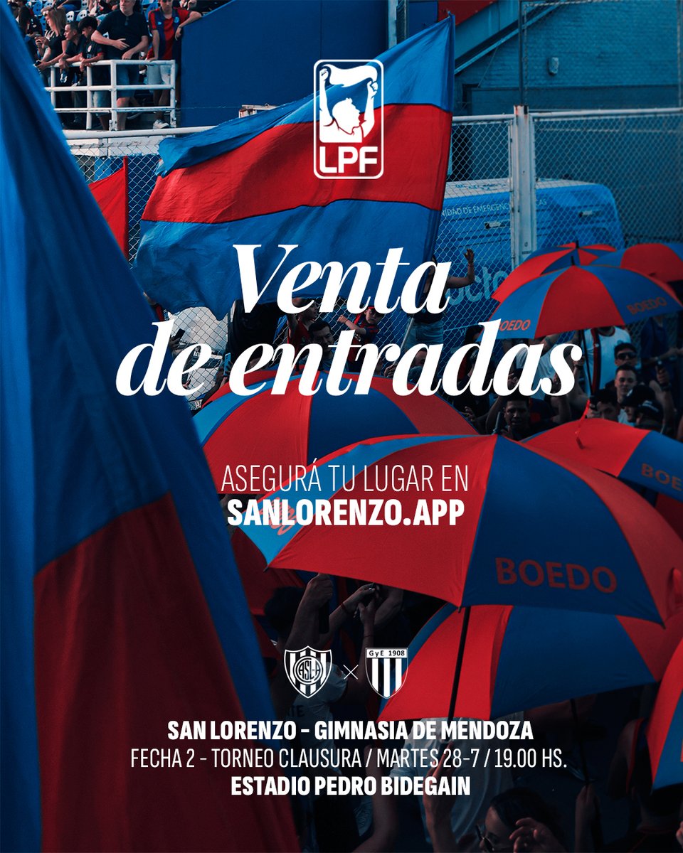 SanLorenzo's tweet photo. Venta de entradas vs. Gimnasia de Mendoza 🎟️

#SanLorenzo juega este martes desde las 19 su primer partido en el Bidegain, por el Clausura. ¡Y ahí vos tenés que estar! 🏟️

CANJE ONLINE DE POPULARES:
Es exclusivo para socios/as. Se habilitará mañana sábado a las 10 horas en ➡️ https://t.co/QnFeyXYCjd

VENTA ONLINE DE PLATEAS: 
👉 Socios/as: desde mañana a las 10 hs, en ➡️ https://t.co/QnFeyXYCjd. 
👉 Invitados/as: desde mañana a las 17 hs, en ➡️ https://t.co/jaaiC2v5r8.

VENTA PRESENCIAL DE PLATEAS
Socios/as e invitados/as: el lunes de 10 a 19 hs. en Avenida La Plata 1782. Y el martes, en el estadio, a partir de las 16.

Más info, acá ➡️ https://t.co/YCtsGr3Jjy

¡A copar el Bidegain! 💙❤️