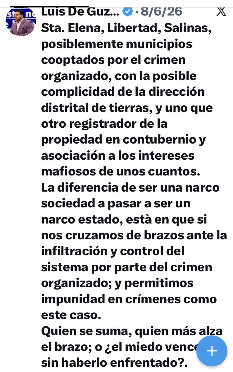 LuisDGO78's tweet photo. No señores y señora, no se confundan, no distorsionen y armen narrativas confusas y convenientes para victimizar a otra persona. Num 1) Yo fui el primero el mismo día que asesinaron a Monika Silva que en la noche escribí un tuit en mención de que hay que investigar, además mencionando la terrible corrupción en la provincia de sta elena.  Mi denuncia a la hoy querellada es por como ella de manera directa me ENDILGÓ calificativos de cometimientos de delitos. 
Por otro lado, no, no soy operador del gobierno ni nada que se le parezca, y a lo que la señora hoy querellada menciona en su ataque como “acumulando fortuna” es el resultado del trabajo honesto eñ más de 30 años de actividad empresarial privada. 
Lamento que todo esto escale por irresponsabilidad.
