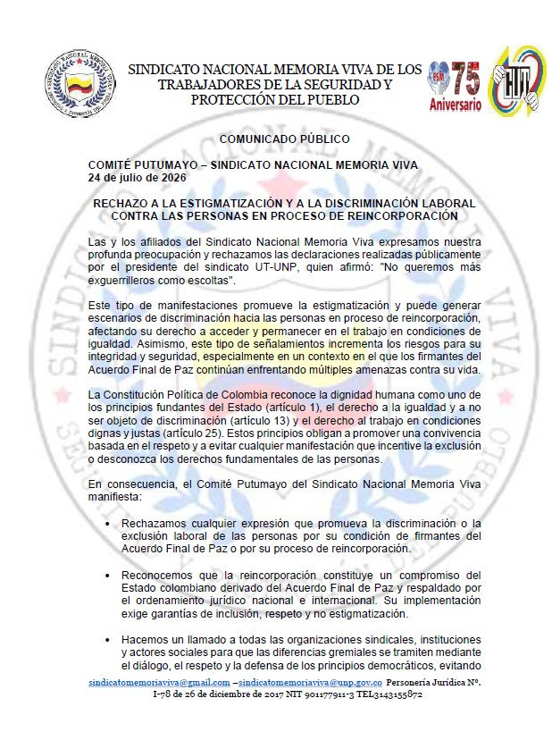 viva_memoria's tweet photo. Rechazamos la estigmatización y discriminación contra las personas en proceso de reincorporación y cualquier forma de discriminación en el trabajo.

Defendemos sus derechos, su dignidad y el acceso a oportunidades laborales en igualdad de condiciones. Seguimos comprometidos con la construcción de una sociedad más justa, incluyente y en paz.