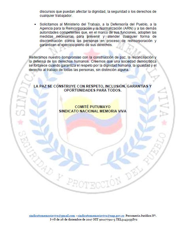 viva_memoria's tweet photo. Rechazamos la estigmatización y discriminación contra las personas en proceso de reincorporación y cualquier forma de discriminación en el trabajo.

Defendemos sus derechos, su dignidad y el acceso a oportunidades laborales en igualdad de condiciones. Seguimos comprometidos con la construcción de una sociedad más justa, incluyente y en paz.