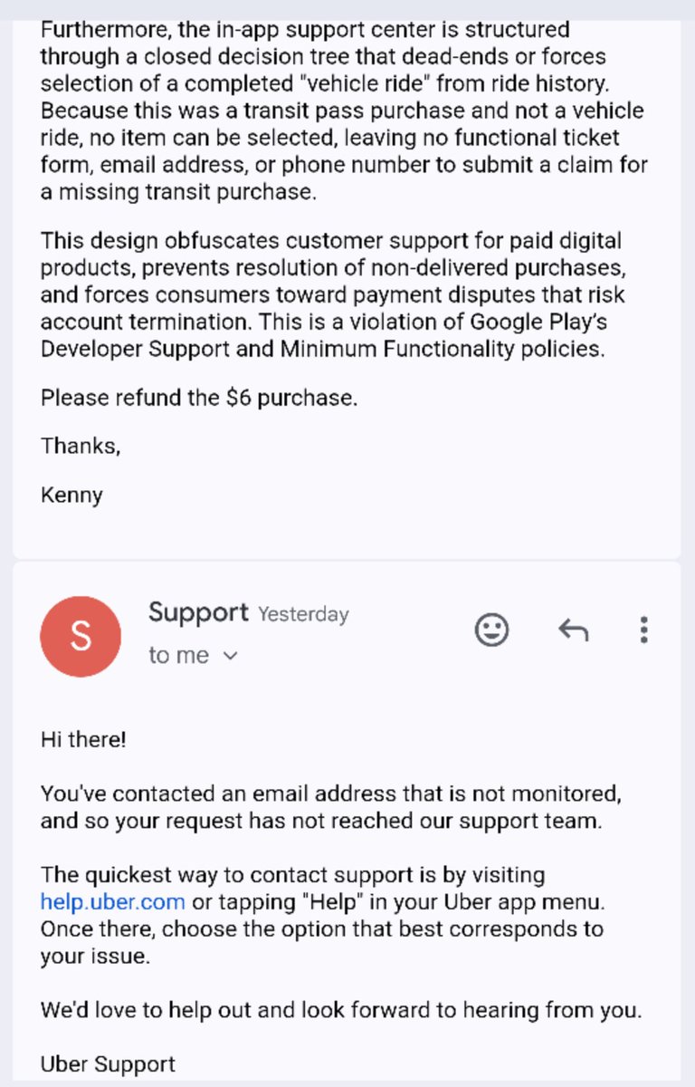 umenthum's tweet photo. @Uber this response is just proving my point. I also tried calling the phone number listed for the Uber Play Store app and got an automatic message saying that I'm being scammed by someone pretending to be UberEats 😂 https://t.co/KF3tZHVfjp