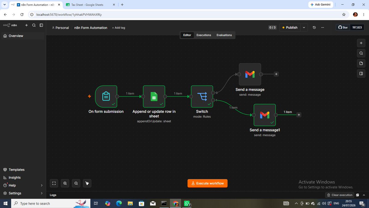 _z0bam's tweet photo. Today, I decided to build a project from scratch just to practice and explore n8n.

Set up an automated form that saves responses to a spreadsheet and automatically emails people different messages depending on how they answered.

Here's the workflow layout👇🏼 https://t.co/vKODBlH4Di