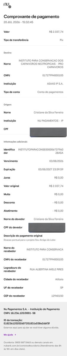 applejasmines's tweet photo. as últimas doações foram liberadas e eu já realizei a transferência. ao todo nossa Vakinha arrecadou para o Projeto Sou Amigo do Lobo o valor de R$2.318,75!!! obrigada a todos que confiaram em mim e nessa ideia. vamos continuar lutando juntos pelo Valko. com amor, sempre! 🐺🇧🇷

#ValkoIsLoved #ValkoIsValuable #BringValkoBack