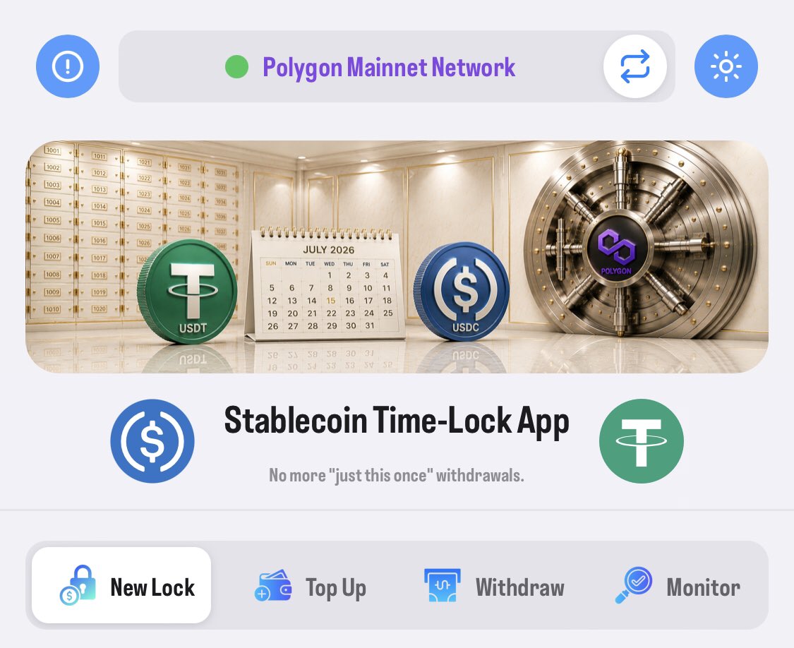 USDCTIMELOCK's tweet photo. 💰🎉Big update to https://t.co/6FvOPLAGCo
the Stablecoin #Time-Lock App! 

You can now lock both #USDC and #USDT on Polygon — pick whichever stablecoin you hold, set your release date, and let the smart contract handle the rest. No early withdrawals, no "just this once" exceptions. 

✅ USDC support 
✅ USDT support 
✅ Same trustless time-lock guarantee for both 

Whether you're saving, gifting, or just protecting yourself from your own impulses — your funds stay locked until the clock says otherwise. ⏳
@0xPolygon @0xPolygonFdn #polygon