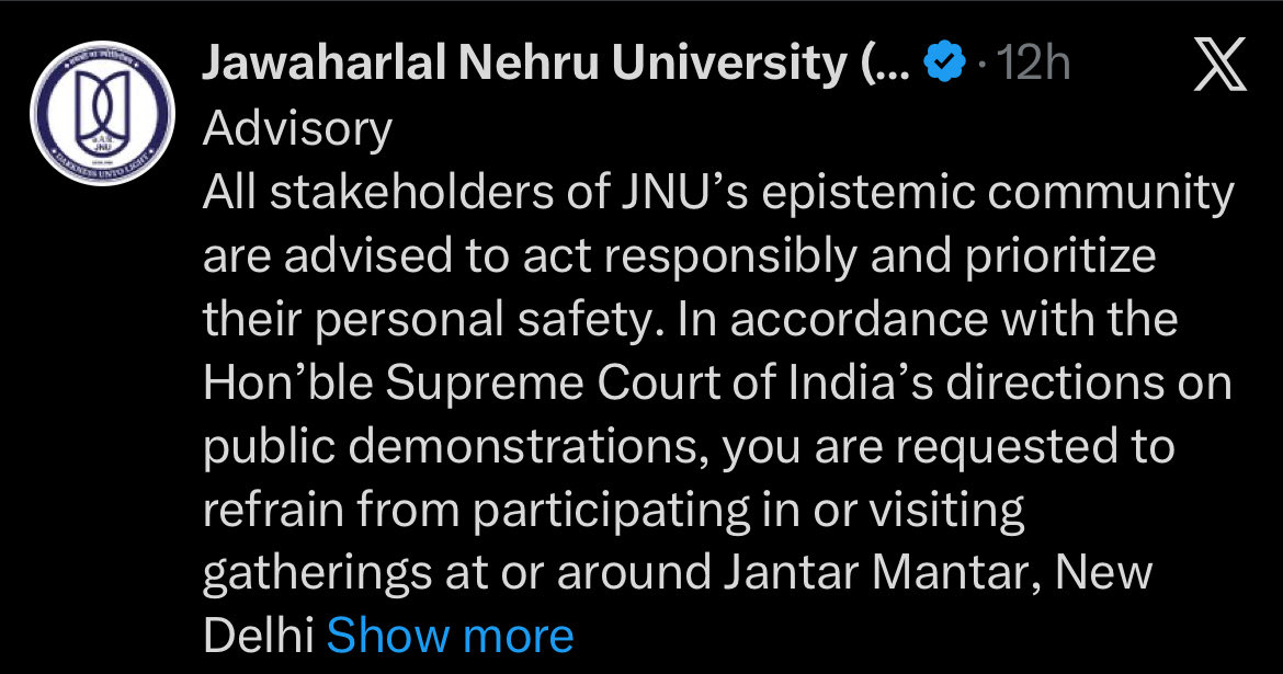 PunYaab's tweet photo. India’s top three universities-JNU, Jamia and DU-  based in Delhi appealed to students not to participate in protests against the govt at Jantar Mantar. 
DU directly threatened students with legal action. https://t.co/6yGfZDIjok