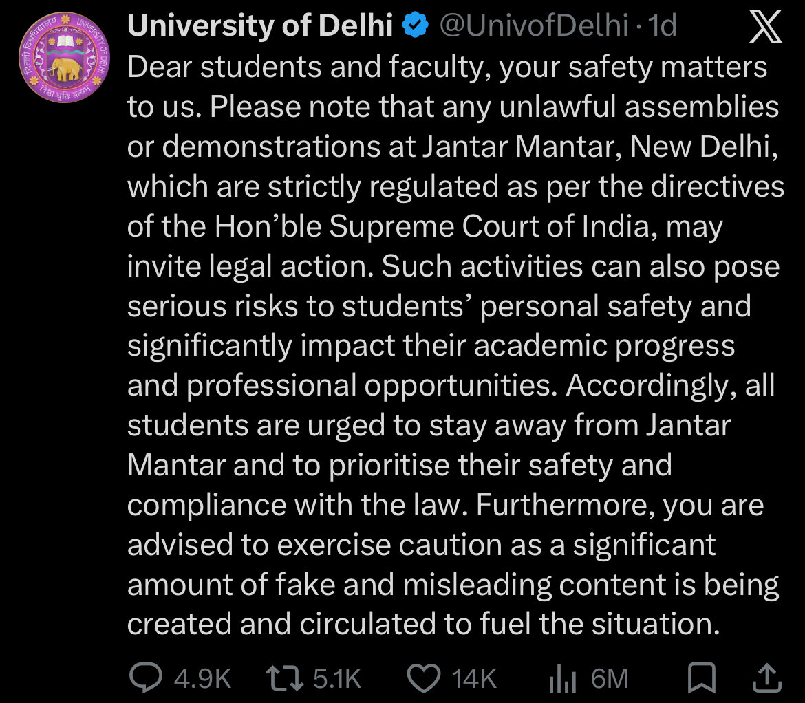 PunYaab's tweet photo. India’s top three universities-JNU, Jamia and DU-  based in Delhi appealed to students not to participate in protests against the govt at Jantar Mantar. 
DU directly threatened students with legal action. https://t.co/6yGfZDIjok