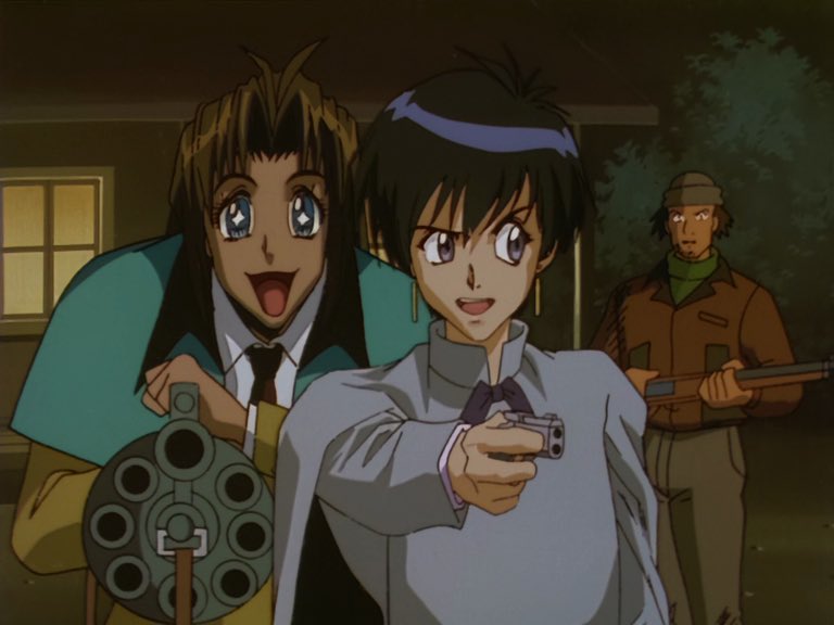 holdmagun's tweet photo. Rewatching Ep 14 and Milly’s face here is killing me LMAO!! Girl is so happy that Meryl is here with her.
#TRIGUN #millythompson https://t.co/iJiOwLTkfi