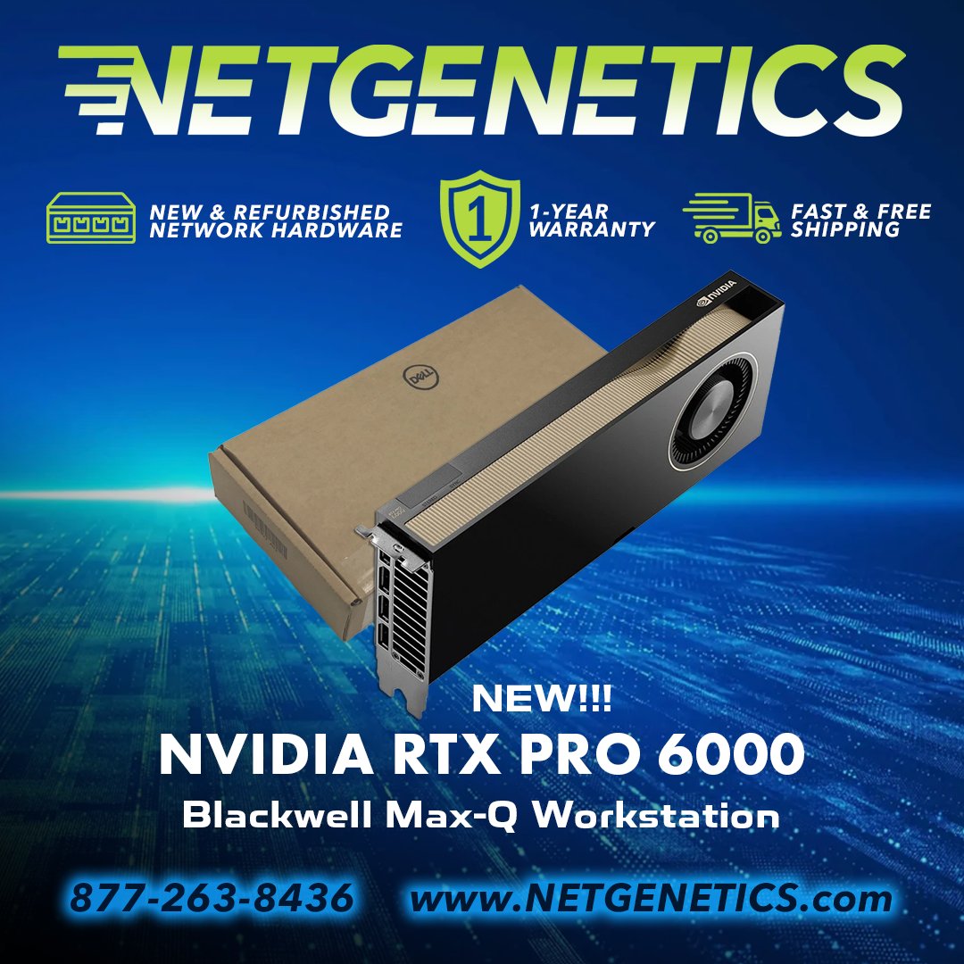 GeneticsNet's tweet photo. 🚀 NEW Dell NVIDIA RTX PRO 6000 Blackwell Max-Q Workstation GPU – 96GB GDDR7 – IN STOCK! 🚀
https://t.co/i4KGNpdVMe

Take AI development, engineering, and professional visualization to the next level with the NEW Dell NVIDIA RTX PRO 6000 Blackwell Max-Q Workstation GPU.

🔥 96GB Ultra-Fast GDDR7 Memory
⚡ Blackwell Architecture
🧠 Optimized for AI Training & Inference
🎨 Ideal for 3D Rendering, CAD & Digital Content Creation
📊 Accelerates Scientific Computing & Simulation
🏢 Enterprise-Class Performance & Reliability

Whether you're deploying AI workstations, powering large language models, or tackling the most demanding visualization workloads, the Dell NVIDIA RTX PRO 6000 Blackwell Max-Q delivers uncompromising performance.

✅ Factory New
📦 Ready to Ship
💬 Contact us today for pricing and availability!

#NVIDIA #RTXPRO6000 #Blackwell #Dell #Workstation #AI #ArtificialIntelligence #MachineLearning #DeepLearning #LLM #GPU #DataScience #Rendering #CAD #Engineering #EnterpriseIT #Netgenetics