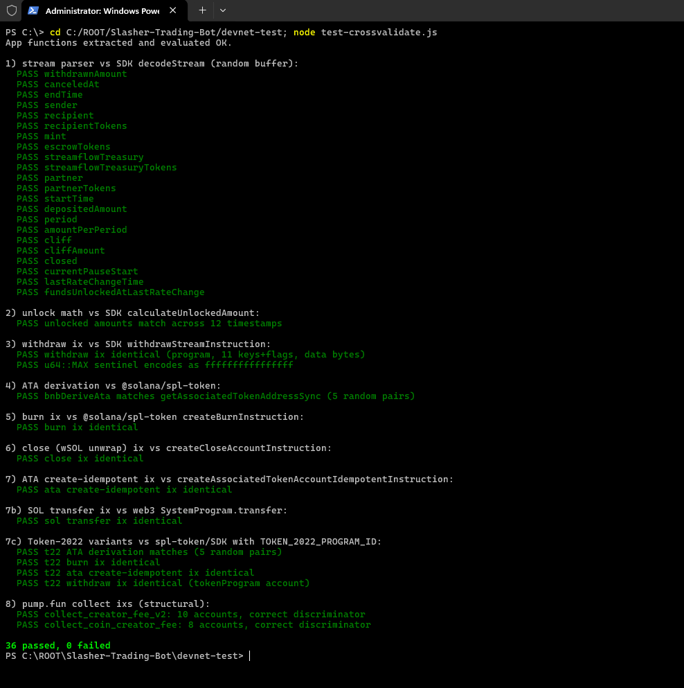 SlasherToken's tweet photo. Nobody asks to see this part, so here it is.

Before my burn bot is allowed to touch a single real token, every instruction it builds gets checked byte-for-byte against the official reference implementations — the exact code the underlying programs ship themselves. Not "looks right to me." Identical, or it fails.

Tonight: 36 checks. All 36 green.

The withdraw, the burn, the account layout, the Token-2022 path — all of it matched against the source of truth before it's ever pointed at mainnet.

This is the boring, paranoid, no-shortcuts part nobody films for a hype reel. It's also the whole difference between "trust me" and "check it yourself."

I'd rather spend a night on a test suite than a launch day on an apology. 🔪

$SLASHER