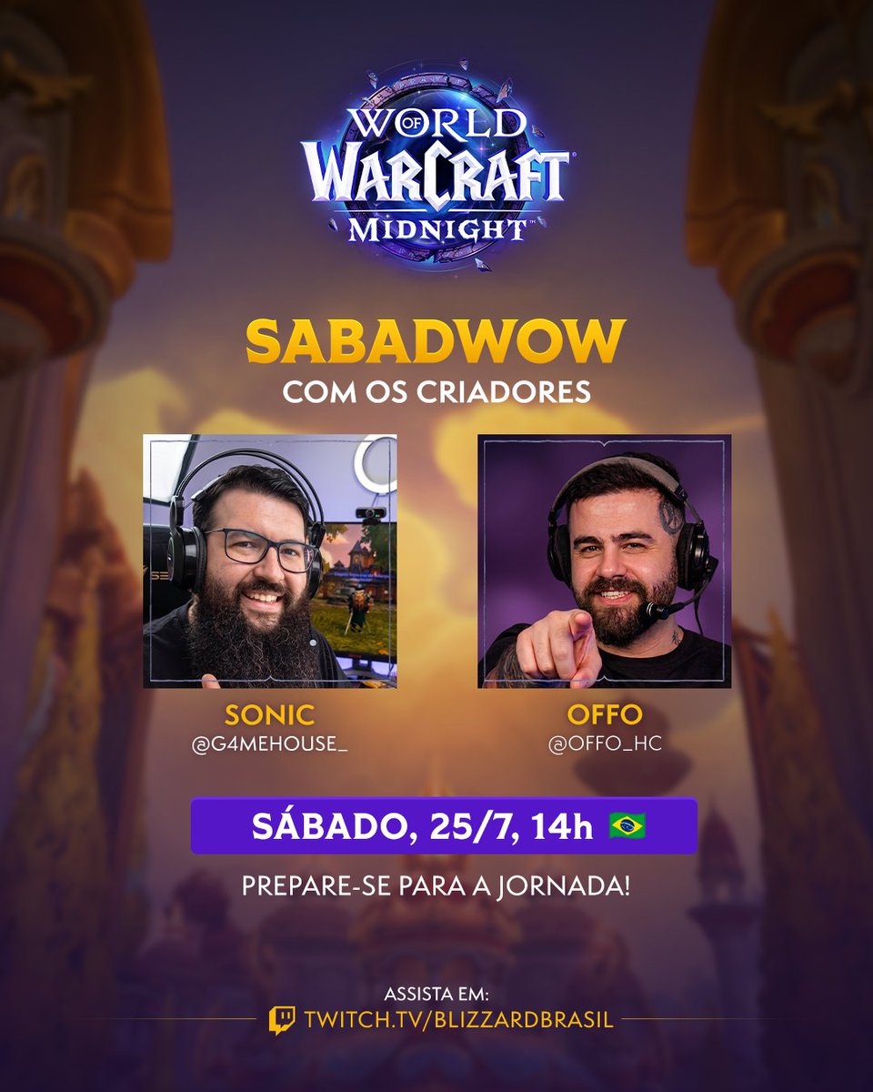 WarcraftBrasil's tweet photo. Amanhã, sábado, Sonic e Offo esperam por vocês em mais uma edição do #SabadWoW. Bora fazer aquele push nas M+ com tudo pra garantir um loot épico🔥
📺 Ao vivo no canal da Blizzard Brasil (Twitch)
⏰ 14h
Vemos vocês lá 👇
#WoW #WorldOfWarcraft #WoWBrasil #MiticasPlus #Warcraft https://t.co/88ZktsqfYk