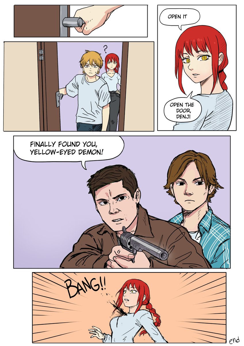 watcher_hollow's tweet photo. The door scene from Chainsaw Man but the Winchester brothers show up. (read from right to left like a manga) https://t.co/YxOIH3dkBo
