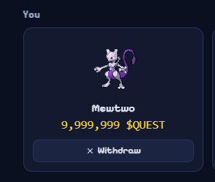 PokeQuestRH's tweet photo. Someone just listed one of the RAREST pokémon on PokéQuest 🤯

1 Mewtwo for 9,999,999 $QUEST 

Who's buying it? https://t.co/EzDyLQMTQ7