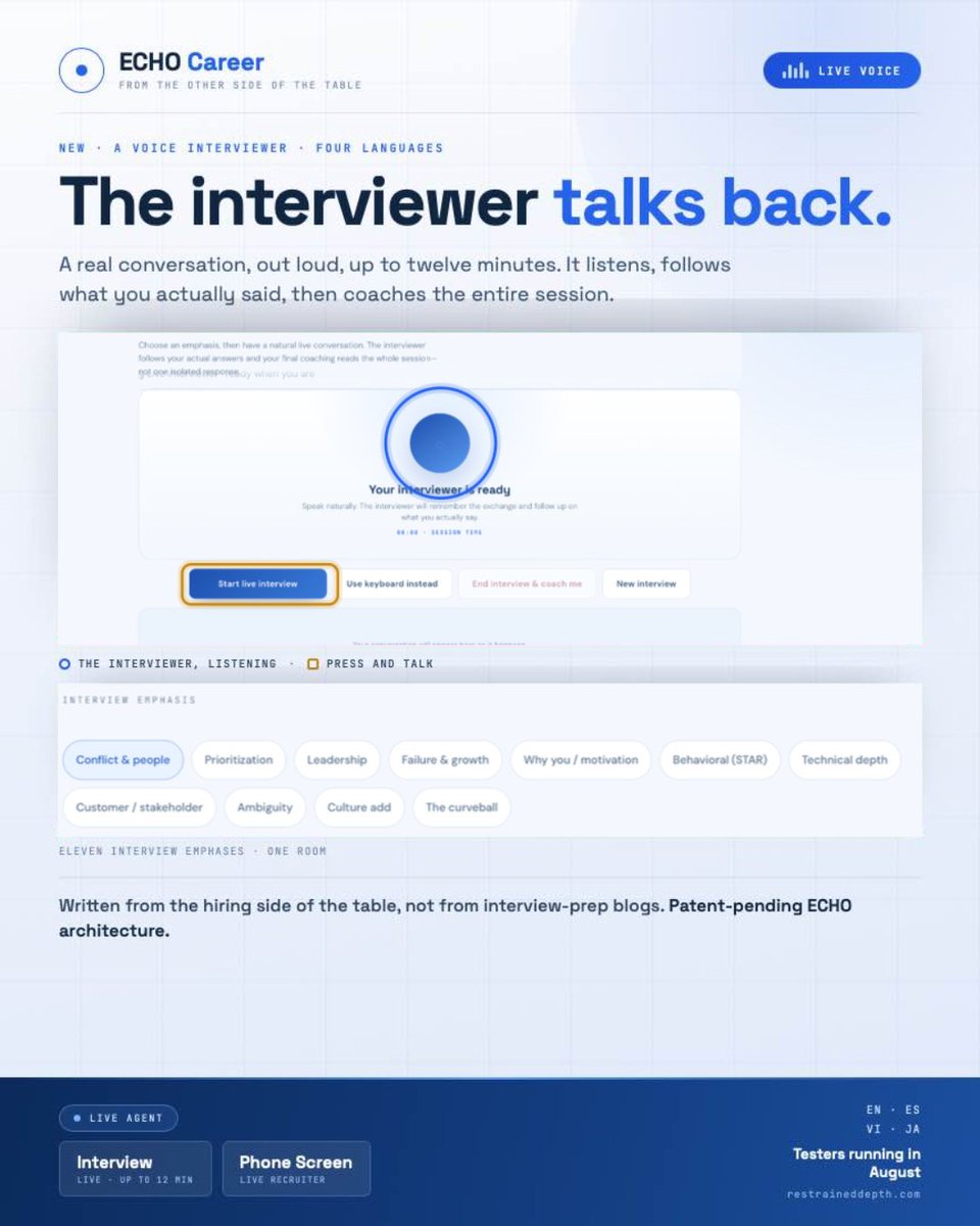 RestrainedDepth's tweet photo. Two months ago you told us the search bar was broken.

Today the interviewer talks back.

Not a chatbot that types questions at you. A real conversation, out loud, up to twelve minutes. It listens, it follows what you actually said, it presses where a real panel presses, and when you finish it coaches the whole session instead of grading one isolated answer.

Here is why ours is different, and I am going to be direct about it, because this is the part nobody else can copy.

Anyone can bolt a voice onto a model. That is a weekend now. What almost nobody has is the other side of the table.

These agents were written from hundreds of interviews run on the hiring side inside a Fortune 500 company. Not scraped from interview-prep blogs. Not guessed at. What the panel is actually listening for, where they stop believing you, which follow-up separates a strong answer from a rehearsed one.

Then it was built by a licensed clinician who lectured master's students at Pepperdine on exactly this: how to interview, how to build the resume, how to negotiate the offer. Twenty years of listening for what sits under what people say, pointed at the one conversation that changes your income.

And it runs on the same patent-pending ECHO architecture that took this work to 200M views. It follows nuance and reasoning instead of matching a script, which is why the interviewer holds the thread across twelve minutes and asks the harder second question.

The model is the commodity. The operations knowledge is the moat.

It is built. It is deployed. It runs in English, Español, Tiếng Việt and 日本語, with the same depth in all four.

No demo today. Testers are running it in August and I will publish what they say, good and bad, before I publish anything else.

Build carefully. Question assumptions. And practice the room, not a script. 🌊

https://t.co/UZepMIqwk0