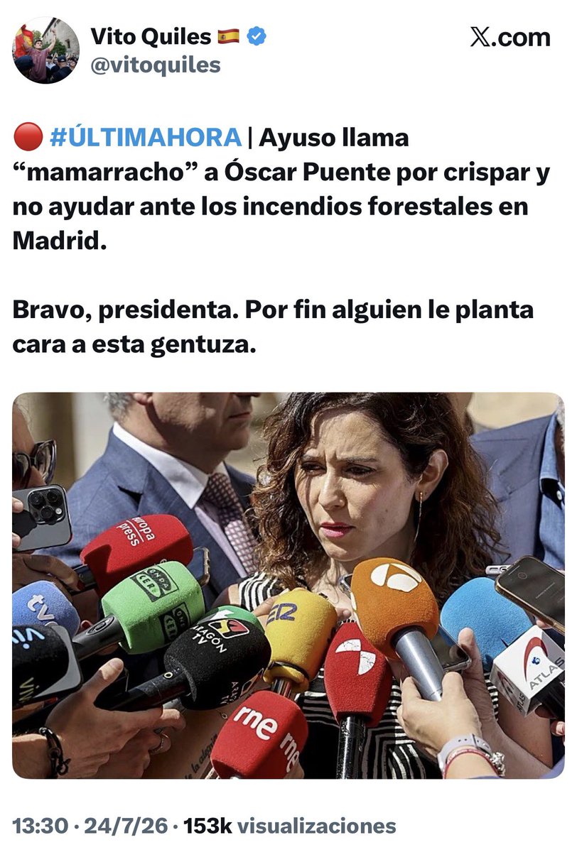MalaMalamente's tweet photo. Veis niños: 

Si Ayuso llama mamarracho a Óscar Puente, bravo presidenta 👏🏼

Si Óscar Puente le contesta de la misma forma, que mal educado, no es el momento de polarizar, ¡Óscar Puente dimisión! 🤬

Y es así como te hacen creer que el bueno es malo y la mala es buena.

#MásBomberosMenosToreros #MásBomberosMenosToreros #MásBomberosMenosToreros