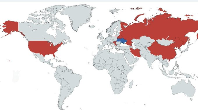 ua777ua's tweet photo. @LauraLoomer The U.S. helped persuade Ukraine to give up its nukes under the Budapest Memorandum. Years later, Trump halted U.S. military aid. First official map of WWIII: blue = allies, red = axis of evil. Not sure you'll pass Russia sanctions even on the 10th try. https://t.co/8JAWWdzS6w