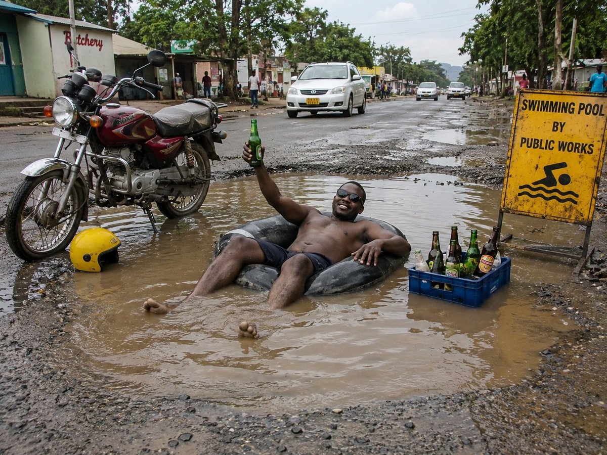 GideonK67873's tweet photo. "Me enjoying the 'swimming pool' provided by the government in our area. 🏊🏾‍♂️🏍️😂 #FixOurRoads #Satire" https://t.co/67W3OlDzKo