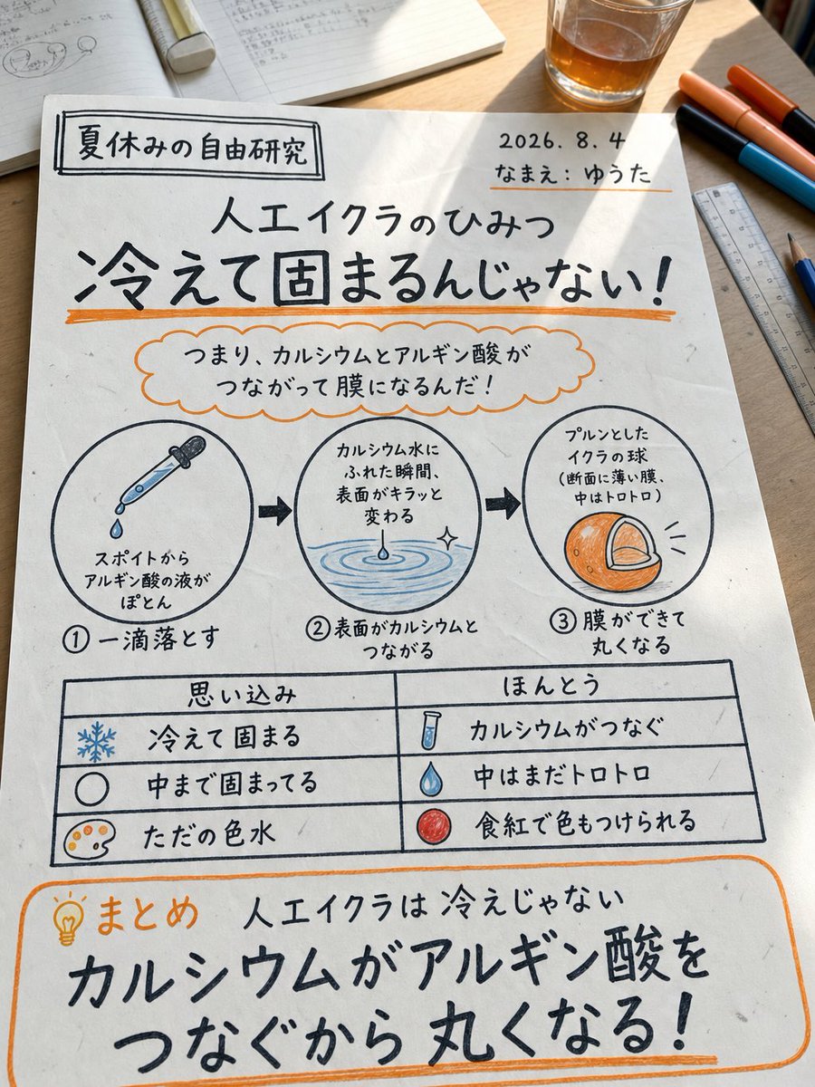 YuukiYoshi2026's tweet photo. 人工イクラは、冷えて固まるのではありません。

アルギン酸の液をカルシウム水に一滴落とすと、イクラそっくりの球になります。

��い冷えて固まったと思いがちですが、主役はカルシウムとアルギン酸の反応です。

落ちた瞬間、表面だけで起きる変化が正体なんです。 https://t.co/GXMVjadjvq