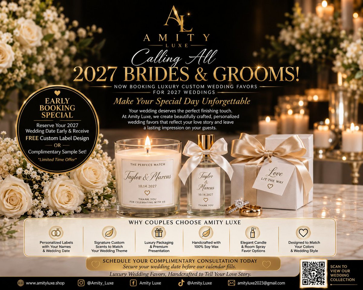Monstar44's tweet photo. 💍 Calling All 2027 Brides &amp; Grooms!
Make your special day unforgettable with luxury custom wedding favors from Amity Luxe. From personalized soy candles to elegant room sprays, we'll create favors your guests will love.
✨ Now Booking 2027 Weddings
🎁 Book early and receive: • https://t.co/rlDYmQGEeK