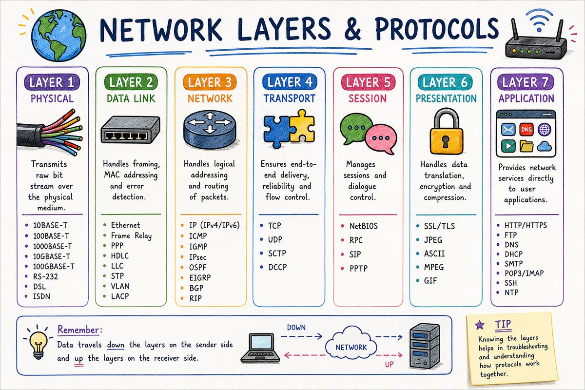DDihris's tweet photo. A visual cheat sheet I wish I had when I started learning networking. 📒🌐

OSI Layers + common protocols in one place.

Sometimes a single page is easier to remember than 30 pages of documentation.

Save it for later. 🛡️

#CyberSecurity #Networking #BlueTeam #InfoSec #SOC https://t.co/w6TEGOwpNf