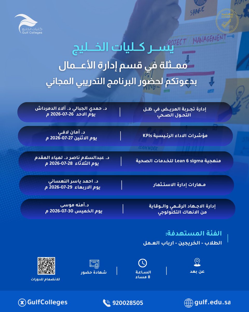 GulfColleges's tweet photo. يسر كليات الخليج ممثلةً في قسم إدارة الأعمال دعوتكم لحضور البرنامج التدريبي المجاني، والذي يضم نخبة من الدورات المتخصصة في :

🔹 إدارة تجربة المريض في ظل التحول الصحي
🔹 مؤشرات الأداء الرئيسية (KPIs)
🔹منهجية Lean 6 sigma للخدمات الصحية
🔹 مهارات إدارة الاستثمار
🔹 إدارة الإرهاق الرقمي و��لوقاية من الإنهاك التكنولوجي

🗓️ خلال الفترة: 26 – 30 يوليو
🕗 الساعة: 8:00 مساءً
💻 عن بُعد
🎓 شهادة حضور

الفئة المستهدفة : الطلاب، الخريجون، وأرباب العمل.

https://t.co/7xfPgR3Vc2