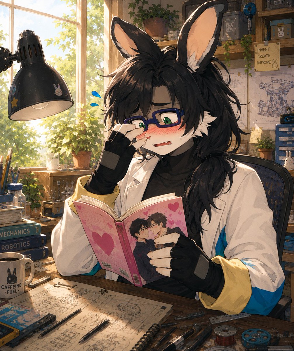 GX_Greenleaf's tweet photo. Mi conejo científico cuando cree que nadie lo ve leyendo BL 🐰💕😳 #Furry #FurryArt #BL #Yaoi #AnthroRabbit #Manga #DigitalArt #OCart #FurryCommunity #ArtistTwitter https://t.co/Gv0UQijZvk