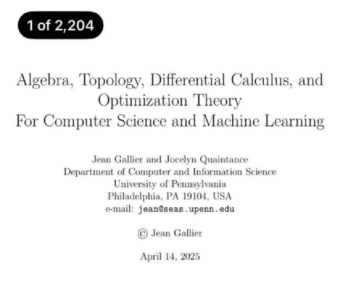 KirkDBorne's tweet photo. Updated 2204-page PDF Mathematics ebook:

"Algebra, Topology, Differential Calculus, and Optimization Theory For Computer Science and Machine Learning"

Find it here: https://t.co/HZc0LRoD7R https://t.co/ZwpkxaFqsV
