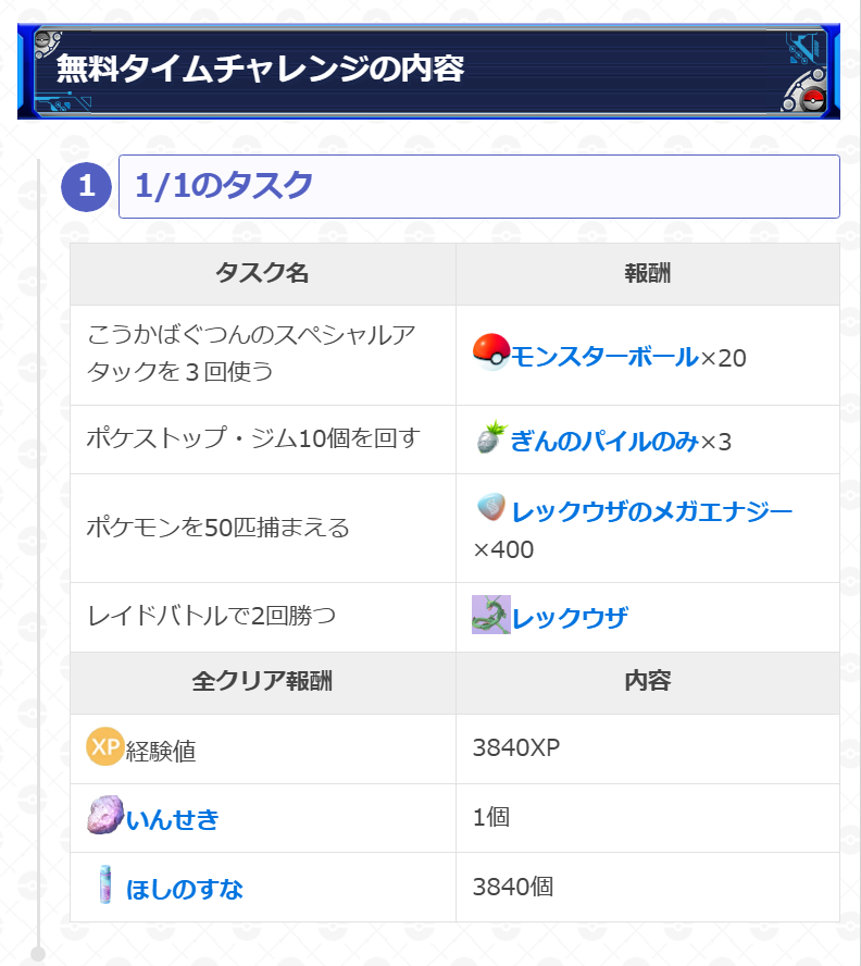 gamewith_pkgo's tweet photo. 【 天空への想い 無料・有料タイチャレ判明 】

📅期間：7/25(土)10:00~26(日)20:00
🎁報酬：レックウザ・メガエナジー・いんせき

▼詳細はこちら
https://t.co/wXIS5sGrxY
#ポケモンGO https://t.co/a7kQ5R31tM