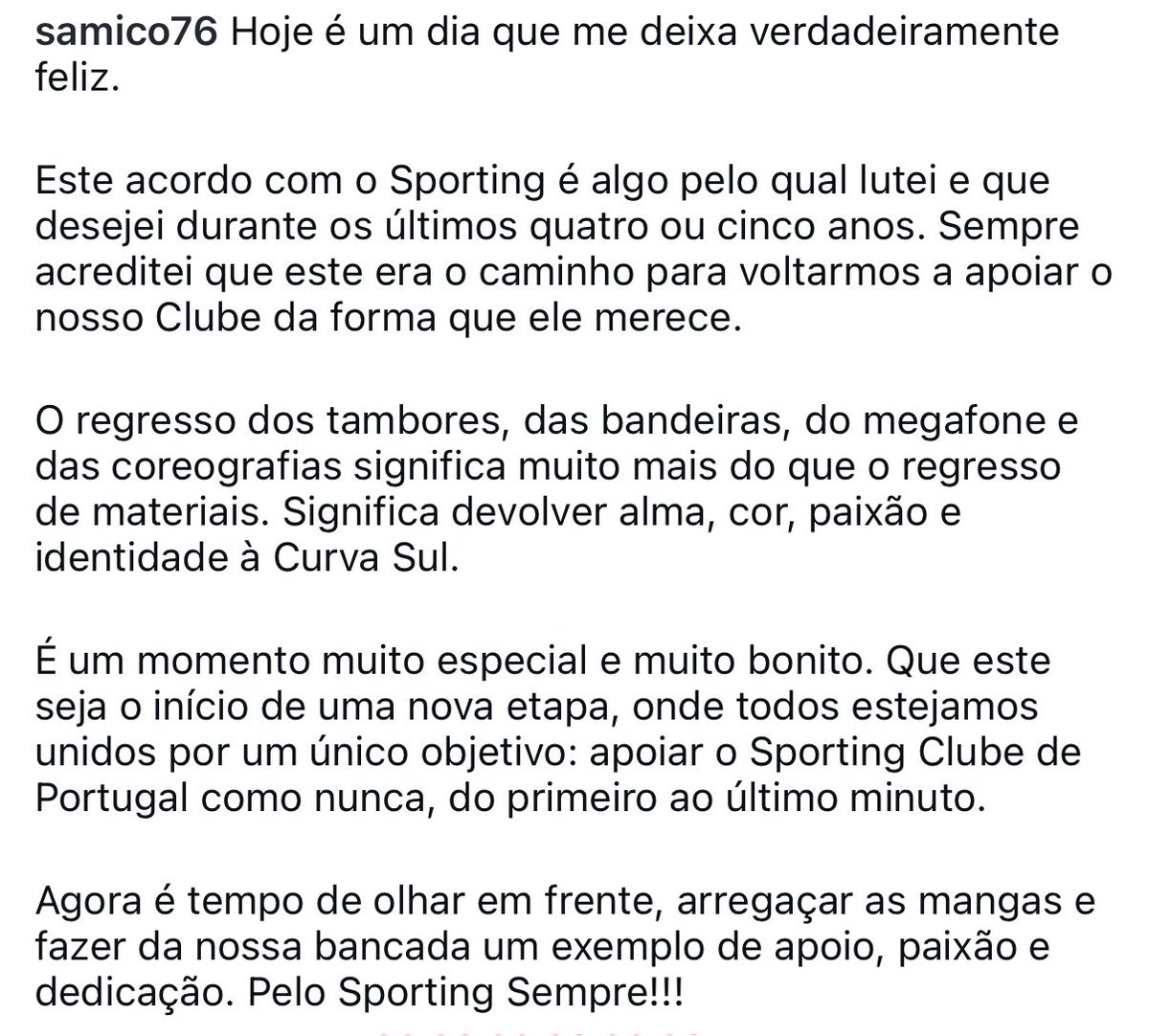 Sporting_CPAdep's tweet photo. Samico, capo de Juventude Leonina: “Este acordo com o Sporting é algo pelo qual lutei e que desejei durante os último 4 ou 5 anos.”

“O regresso dos tambores, das bandeiras, do megafone e das coreografias significa muito mais do que o regresso de materiais.” https://t.co/un5RkKSh0o