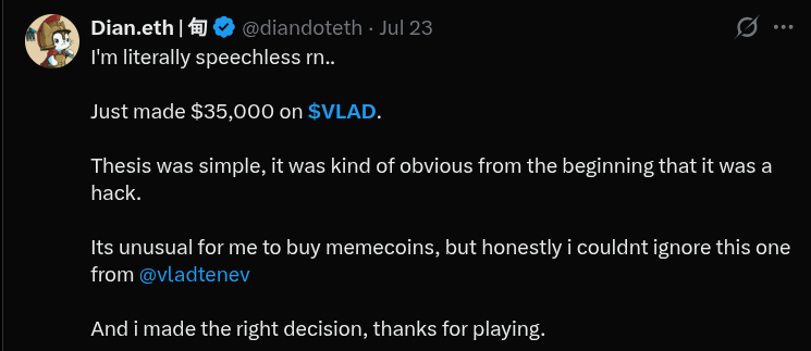 seddikbn1's tweet photo. With Amani you were only one line away from catching it:

“Buy any new token whose contract address is posted by@vladtenev“ 🤞

check it out https://t.co/Ii0AnRRkWs 🚀

Bonus: “sell when hack announced by @Robinhood“ 😉

#Amani
#VLAD
#Robinhood
#Memecoins
#Crypto
#RobinhoodChain
#CryptoTrading