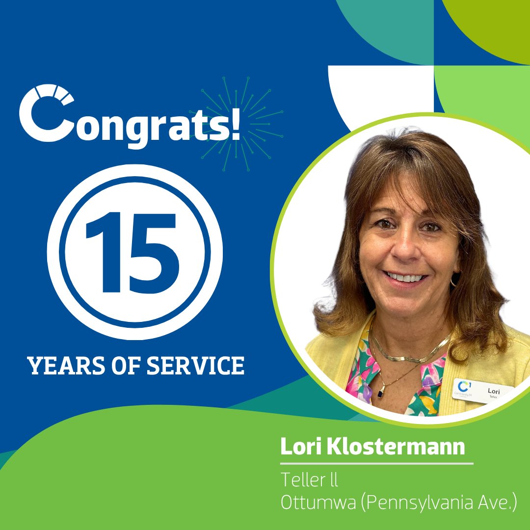 Community1stCU's tweet photo. Congratulations to Lori Klostermann, Teller at our Ottumwa (Pennsylvania Ave) branch, on 15 years with C1st! 🎉 https://t.co/S97obGojf1