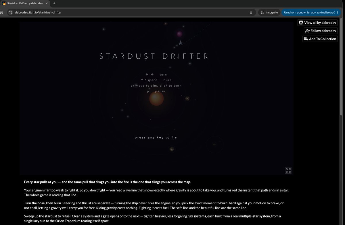 PlatoEvolved's tweet photo. Just shipped a complete game, Stardust Drifter, in 7 days! 🤯 From Day 1 idea to blueprint to launch. What an intense but rewarding sprint. Full breakdown of the journey here:  #GameDev #IndieGame

https://t.co/5Oij7j9pZB

By Damian https://t.co/8GkZgGJVfQ