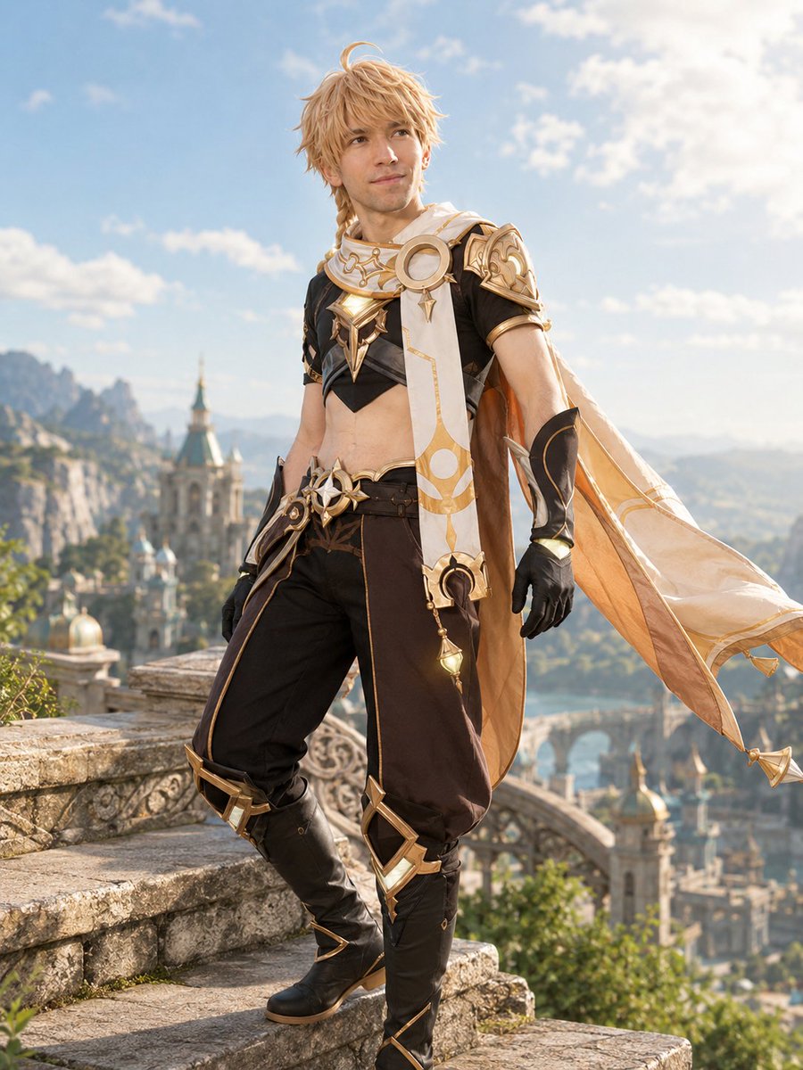 Daimaiju's tweet photo. AI turned me into the Traveler, 旅人, Aether, or whatever you call him in your language, from Genshin Impact, and it’s honestly a little scary how realistic this looks from just two photos of me. 

Now I’m wondering… could I actually pull off this cosplay IRL? lol jk.. unless..😂

 #GenshinImpact #Aether #Cosplay
