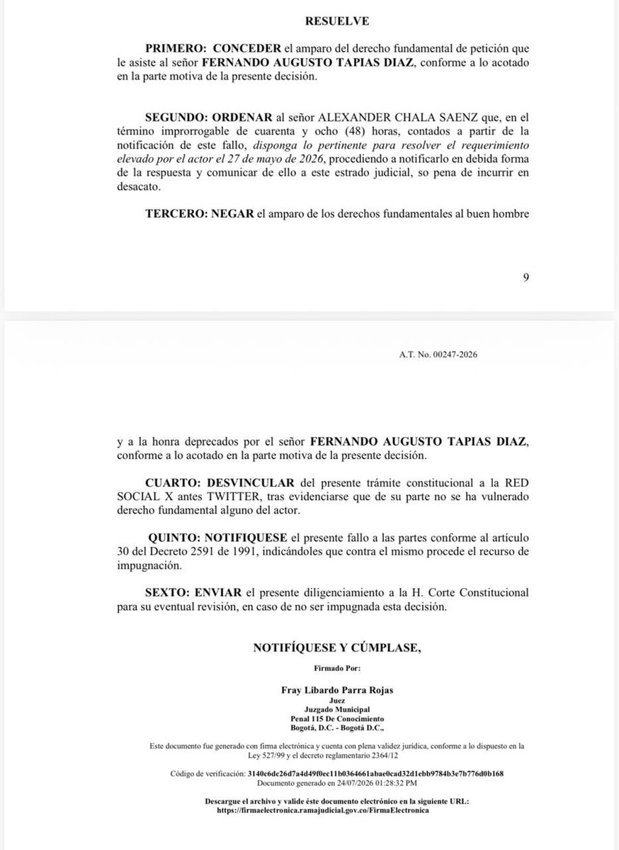 CarlosSolerPa's tweet photo. 🚨Urgente: Una vez más el derecho, los jueces de la república “ordenan rectificar” en 48 horas , pedir excusas públicas y bajar el contenido injurioso y calumnioso de el sr @SARGENTOCHALA , 7 y contando, recuerdan el escándalo que armó sobre un “cartel de tierras en tolemaida” Melgar , donde según el unos señores GR retirados del EJC , se “apropiaron” de tierras e incluso mencionó a 2 oficiales fallecidos mi GR mora y mi GR Tapias , recibí poder de la familia de mi Gr Tapias ( QEPD) para proceder legalmente, resguardar su memoria y su buen nombre, anexe al juez un estudio de tradición de títulos desde los años 70 y como se le compró la pequeña propiedad a un banco con un préstamo, hoy el juez falla y ordena al señor chala, rectificar, bajar las publicaciones y retractarse en 48 horas en sus redes, cumple o lo meto tras las rejas y anunció , con este fallo voy en proceso civil a buscar pago de “Daños y perjuicios morales” e incluso embargo de bienes , sueldos y prestaciones, el buen nombre, el debido proceso y la presunción de inocencia se respetan, en lo penal también procedí por injuria y calumnia, cada vez pierde mayor credibilidad y se nota el mandado y a quien se lo hace para atacar las FFMM y no lo vamos a permitir, patria, honor, lealtad ,primero fue Ejército que república 🫡🇨🇴🪖🚨@COL_EJERCITO ,@ENAPCARTAGENA @EsdegCol @mindefensa @RevistaSemana @estoescambio @elpaiscali @elcolombiano @laopinion_col @ABDELAESPRIELLA @VickyDavilaH @elheraldoco @vanguardiacom @GermanCalderonE @Enrique_GomezM @GermnAndrs92683 @FiscaliaCol @CConstitucional