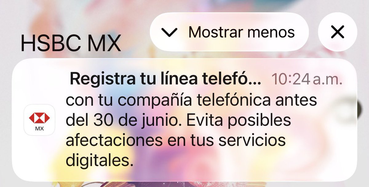 PamCerdeira's tweet photo. ⚠️ Ya también los bancos están impulsando el registro de líneas telefónicas.

@HSBC_MX apunta que de no registrarse y si les suspenden su línea, los usuarios enfrentarían dificultades para acceder a sus plataformas. https://t.co/Y7Iqu8uQbm