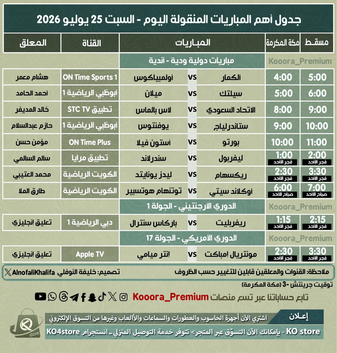Kooora_premium's tweet photo. جدول أهم المباريات المنقولة اليوم السبت ٢٥ يوليو ٢٠٢٦م

🔸مباريات #دولية_ودية 🔥
🔸أندية #يوفنتوس #ميلان #الاتحاد 

🔹@khamis7777 https://t.co/Cwgyv7tQeq