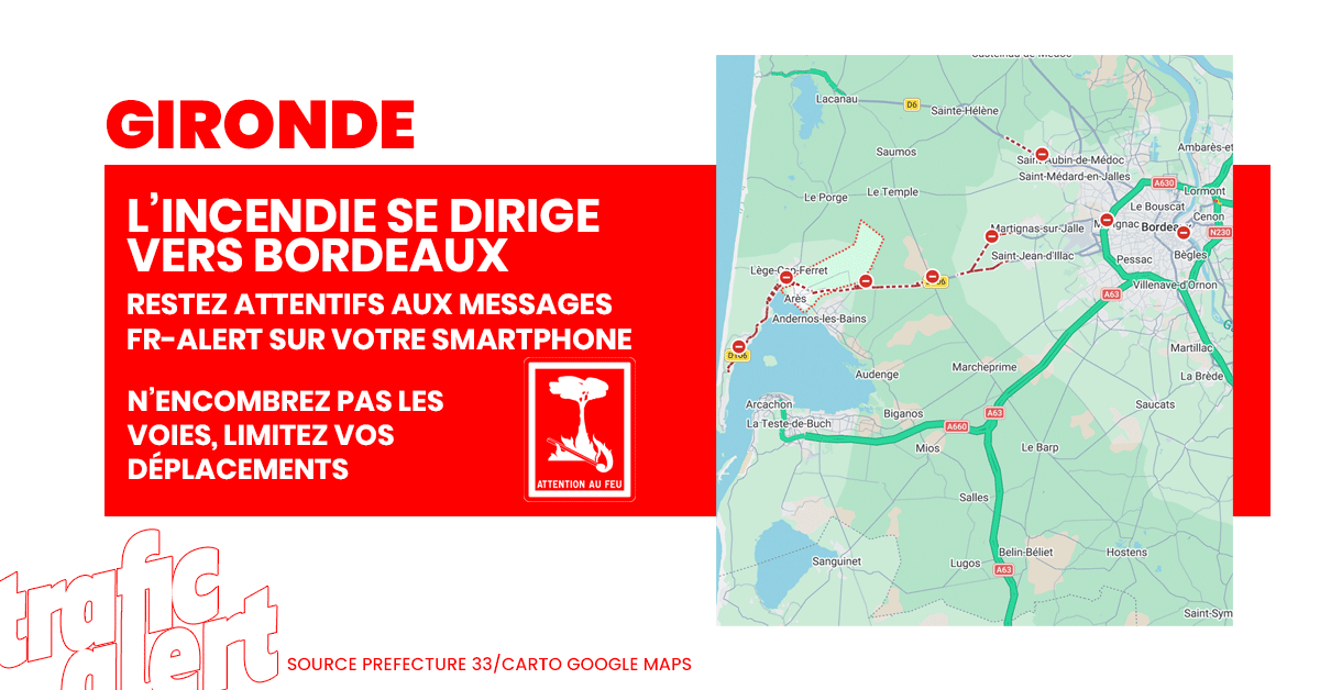 trafic_msgu's tweet photo. 🔥  INCENDIE GIRONDE | Le feu se dirige désormais vers la métropole ouest de Bordeaux, de 50 et 60 000 habitants pourraient être évacués. Restez attentifs aux messages FR-Alert et n'encombrez pas les voies. #incendie #Gironde #Bordeaux ➡️ https://t.co/cuSiQXjmqY https://t.co/rUIyEg1F8x
