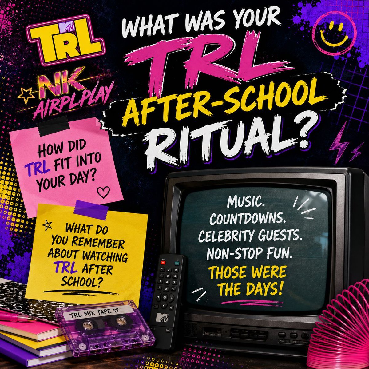 NKAirplayRadio's tweet photo. What was your TRL after-school ritual? How did TRL fit into your day? What do you remember about watching TRL after school?
#IWantMyMTV #TRL https://t.co/99pbfwdkbP