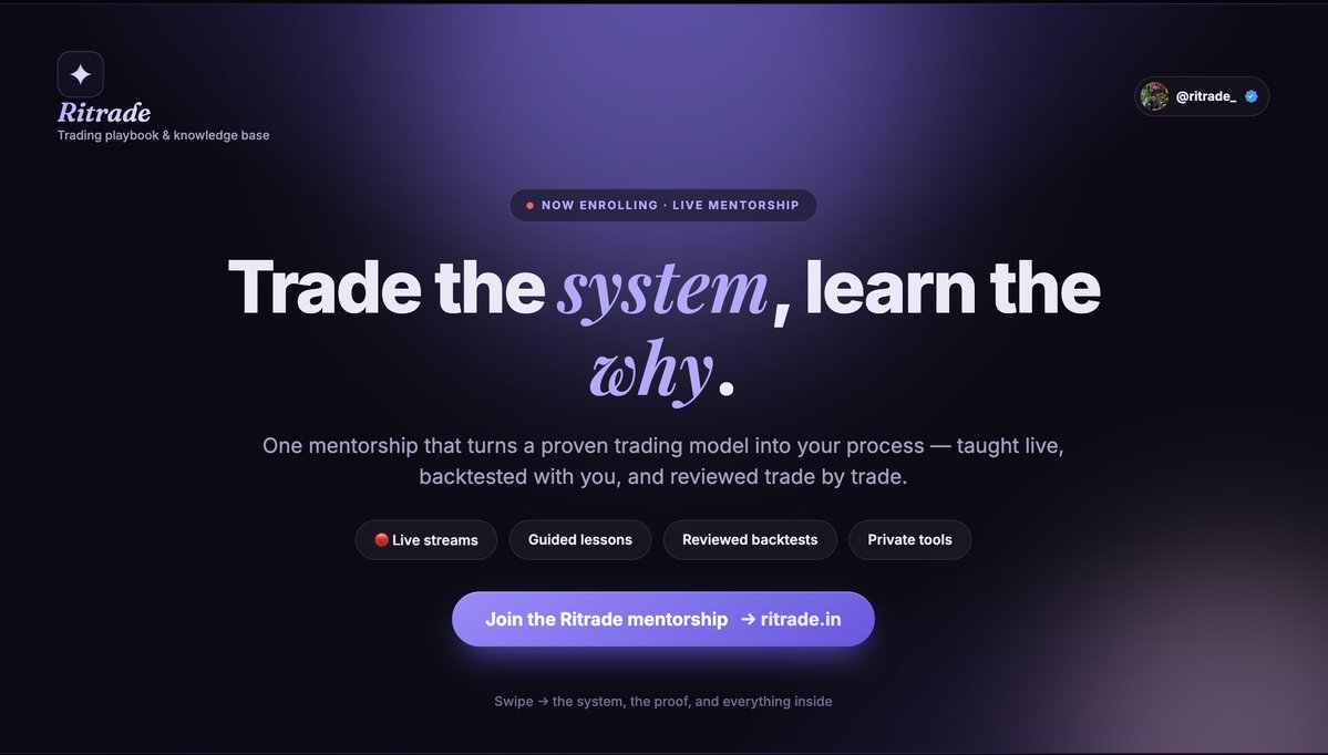 ritrade_'s tweet photo. Enrollment is open for the Ritrade mentorship.

One futures model taught properly, live streams, a structured curriculum, reviewed backtests, and a curated prop firm plan built around your current situation.

→ https://t.co/RtGLzJZInL 🧵 https://t.co/KGgMZU0ha0
