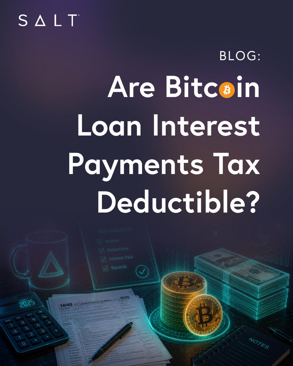SALTLending's tweet photo. Can you deduct the interest on a #Bitcoin-backed loan?
It depends on how you use the funds—not the Bitcoin itself.

Our latest blog explains:
 💰 Personal use
 📈 Investment use
 🏢 Business use
 📝 Why documentation matters

#Bitcoin #BTC #BitcoinLoans #BitcoinLending #SALT #SALTLending

For educational purposes only. Always consult a qualified tax professional regarding your individual tax situation.