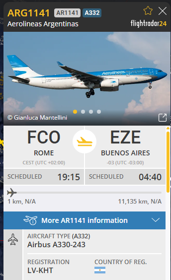 Isaiasmajul's tweet photo. @flaps10arg tuvo una falla en el motor 1 dieron a entender fue en la carrera de despegue, Ese vuelo se volvio a hacer pero salieron en otro avion 3.45am, esta por volver de Roma. https://t.co/BFVdn78fOv