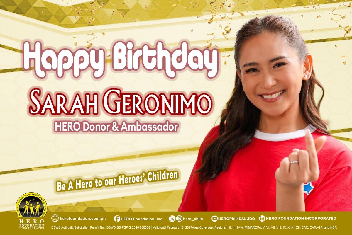 HERO_Phils's tweet photo. A very Happy Birthday to Asia’s Popstar Royalty, @JustSarahG

May this year bring you good health, endless joy, and even greater success!

Guidicelli Foundation  G Studios PH 

#SarahGeronimo #CelebrateLife #BeAHeroToOurHeroesChildren #HeroAmbassador #MilitaryOrphans https://t.co/6Dh8OzoSnn