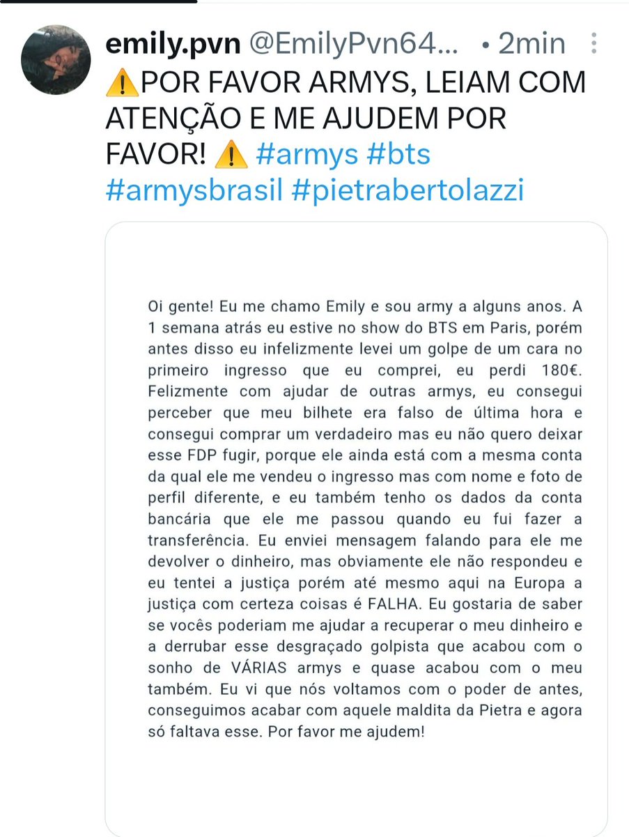 vxthyu_'s tweet photo. @Usuario_sem918 ARMYS, ajudem minha amiga a pegar um golpista safado que deu golpe nela e em outras garotas no show do bts! @EmilyPvn64819 https://t.co/1MJNzd61il