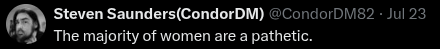 TheRealCondorDM's tweet photo. Today sounds like a fine day to hate women again. https://t.co/GHYOPWz9yC