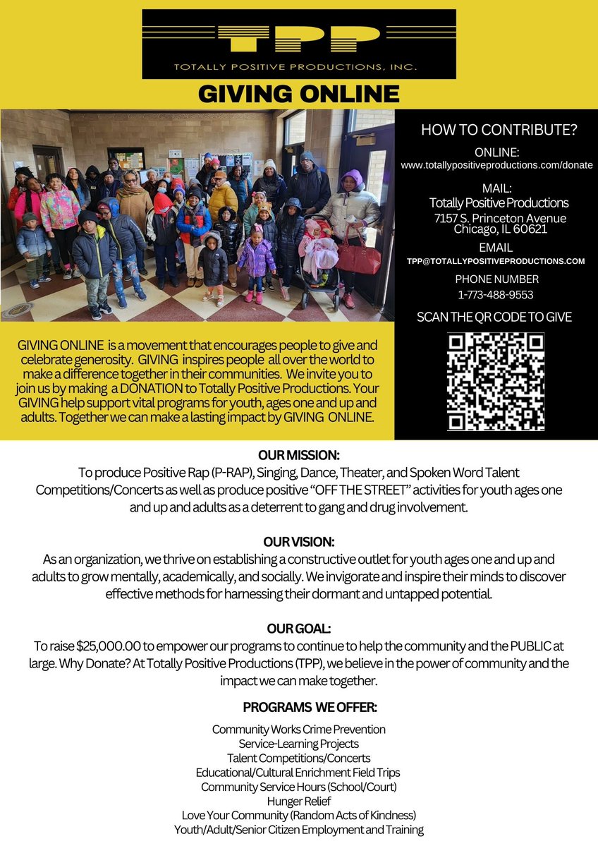 TOTALLYPOSITIVE's tweet photo. Please review our online giving flyer and donate now at
https://t.co/jgT6wejmOv
#SupportYouth #DonateOnline #EmpowerCommunities #YouthPrograms #GiveBack https://t.co/e0kp64TVxf