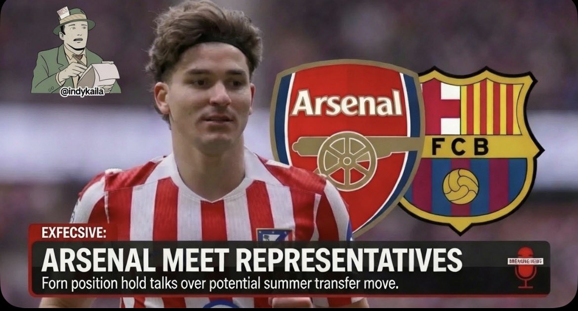 indykaila's tweet photo. Exclusive 💣

Arsenal officials have just met with Julián Alvarez's representatives this afternoon, and it looks like they’re ready to meet his personal contract demands. 

This is a significant move for the Gunners as they look to bolster their attack. 

But hold on! Alvarez is reportedly waiting to see what Barcelona has in store for him next. 

Will he choose the Premier League or La Liga?